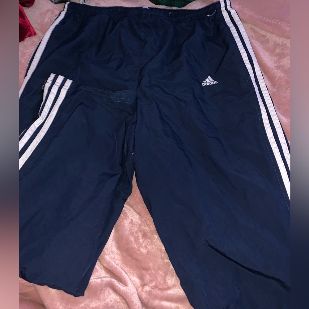Navy blue wide leg, Adidas pants.